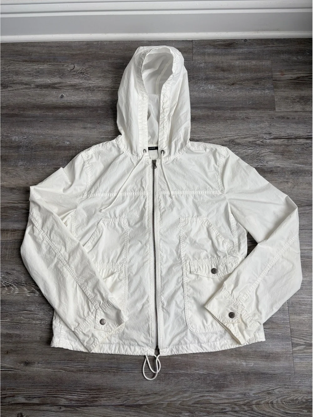 J.Crew White Hooded Utility Jacket Lightweight Zip Front Women’s L Approx